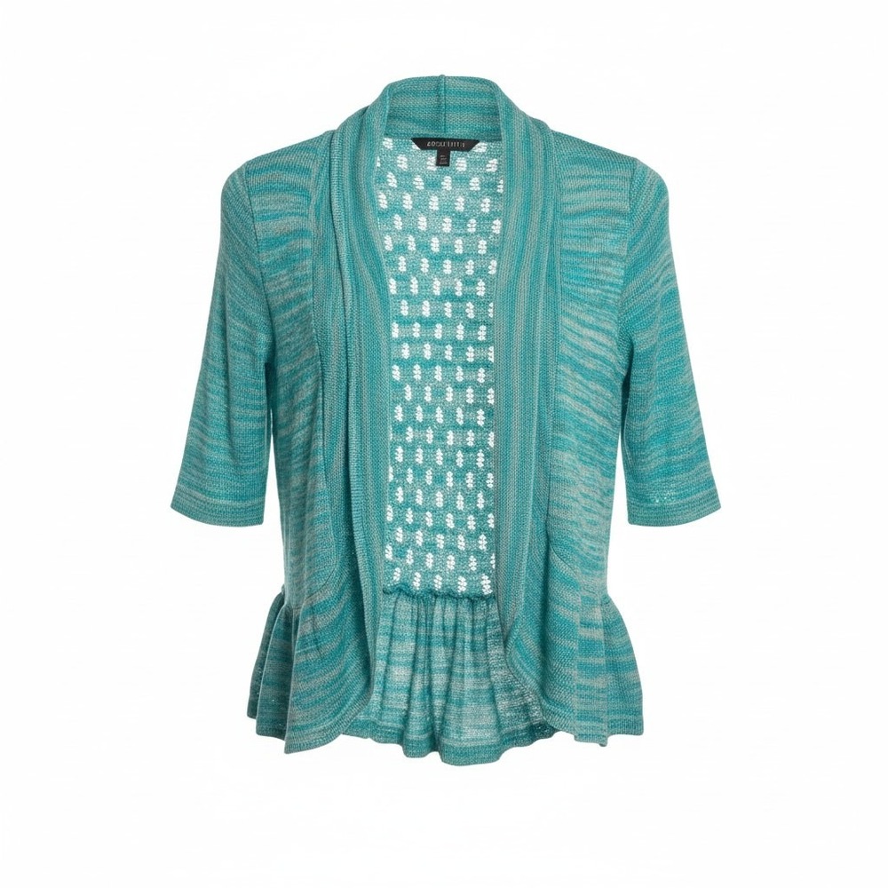 Women's Small Teal Heather Knit Open Front Peplum Ruffle Hem Cardigan Sweater